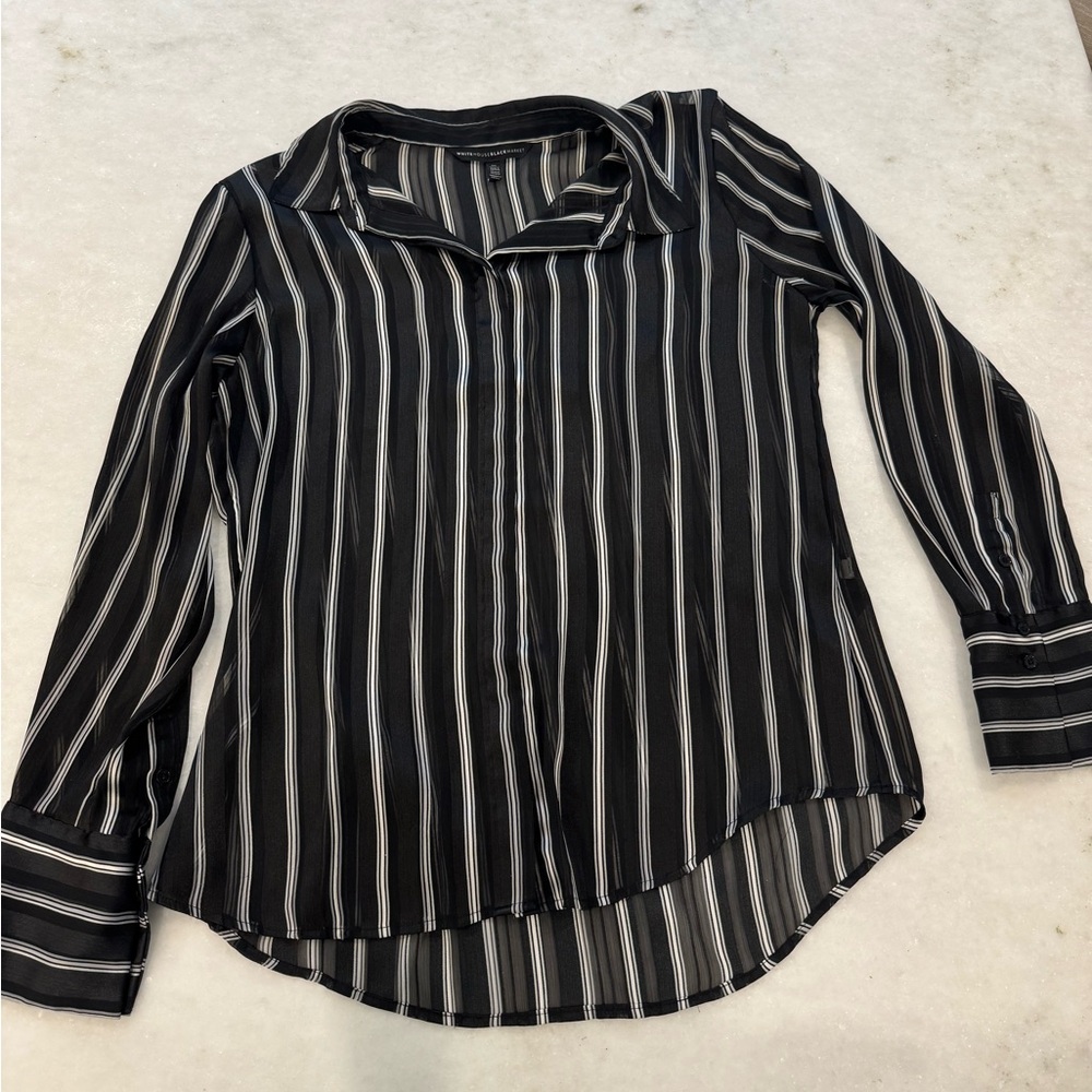 White House Black Market Black and White Notched Collar Blouse